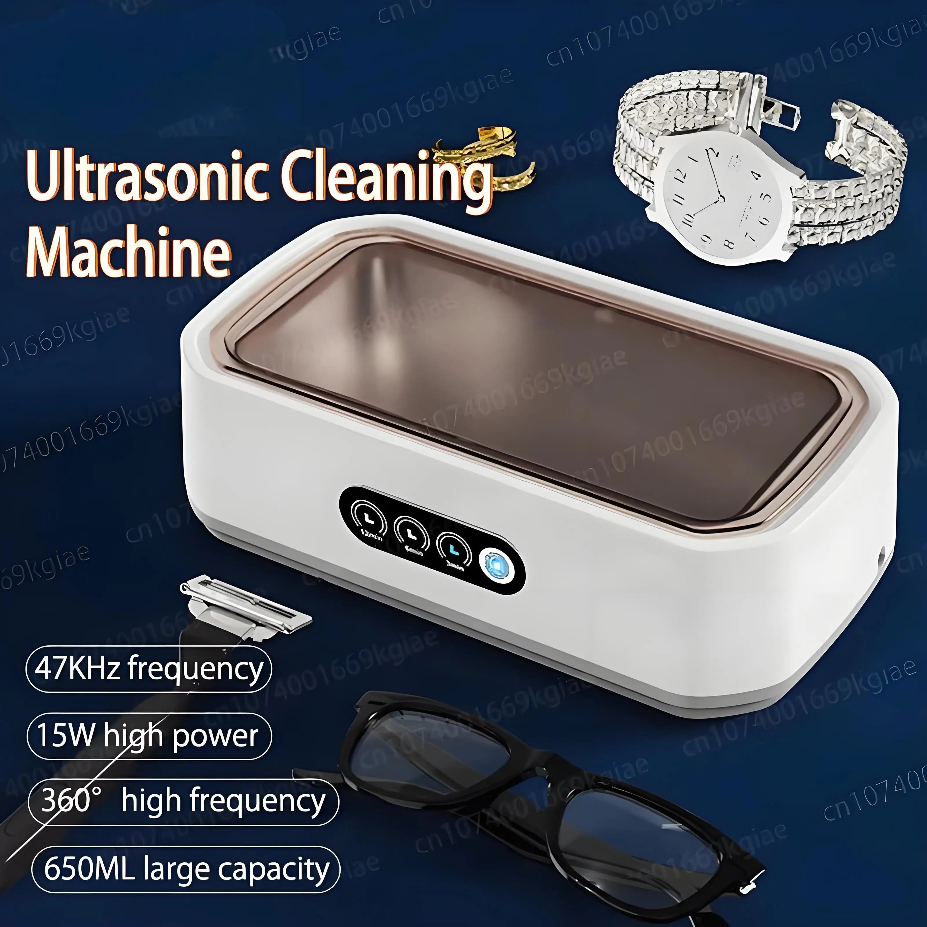 High-frequency ultrasonic cleaning machine with 650ML capacity, ideal for cleaning jewelry, glasses, razors, and watches